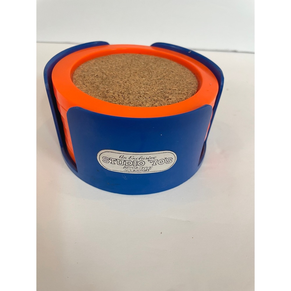 Vintage Enesco Studio 70s Coaster Set Orange Blue Plastic Cork Mid Century 6pc